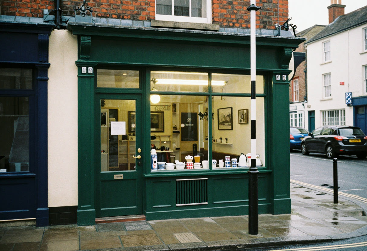 The shop front at dusk